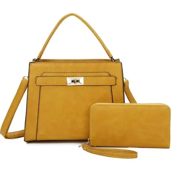 Womens Yellow Medium Size Top Handle Satchel With Wallet - Picture 3 of 3